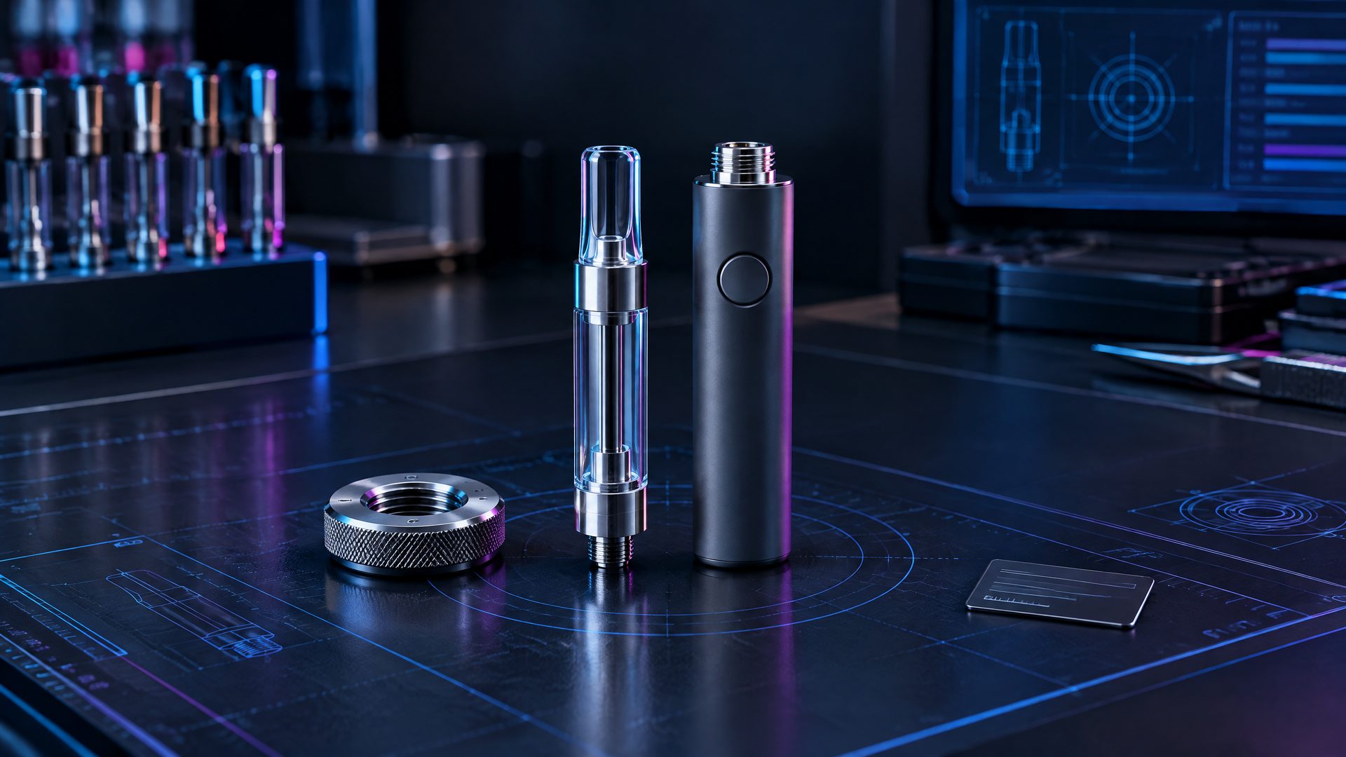 Unbranded threaded cartridge, compact battery, and thread gauge on a dark B2B vapor-hardware quality-control bench