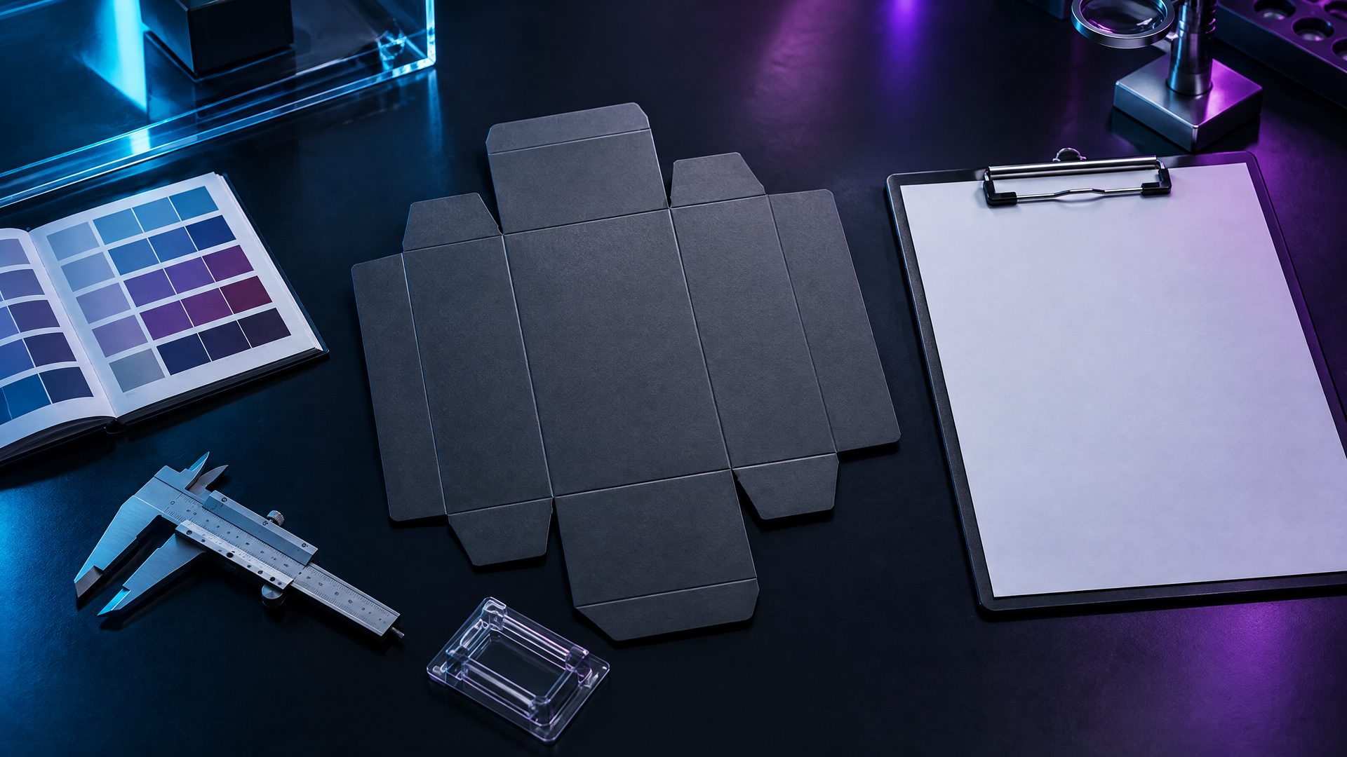 Unbranded packaging dieline, color-swatch book, caliper, and compliance-review clipboard on a dark B2B prepress bench
