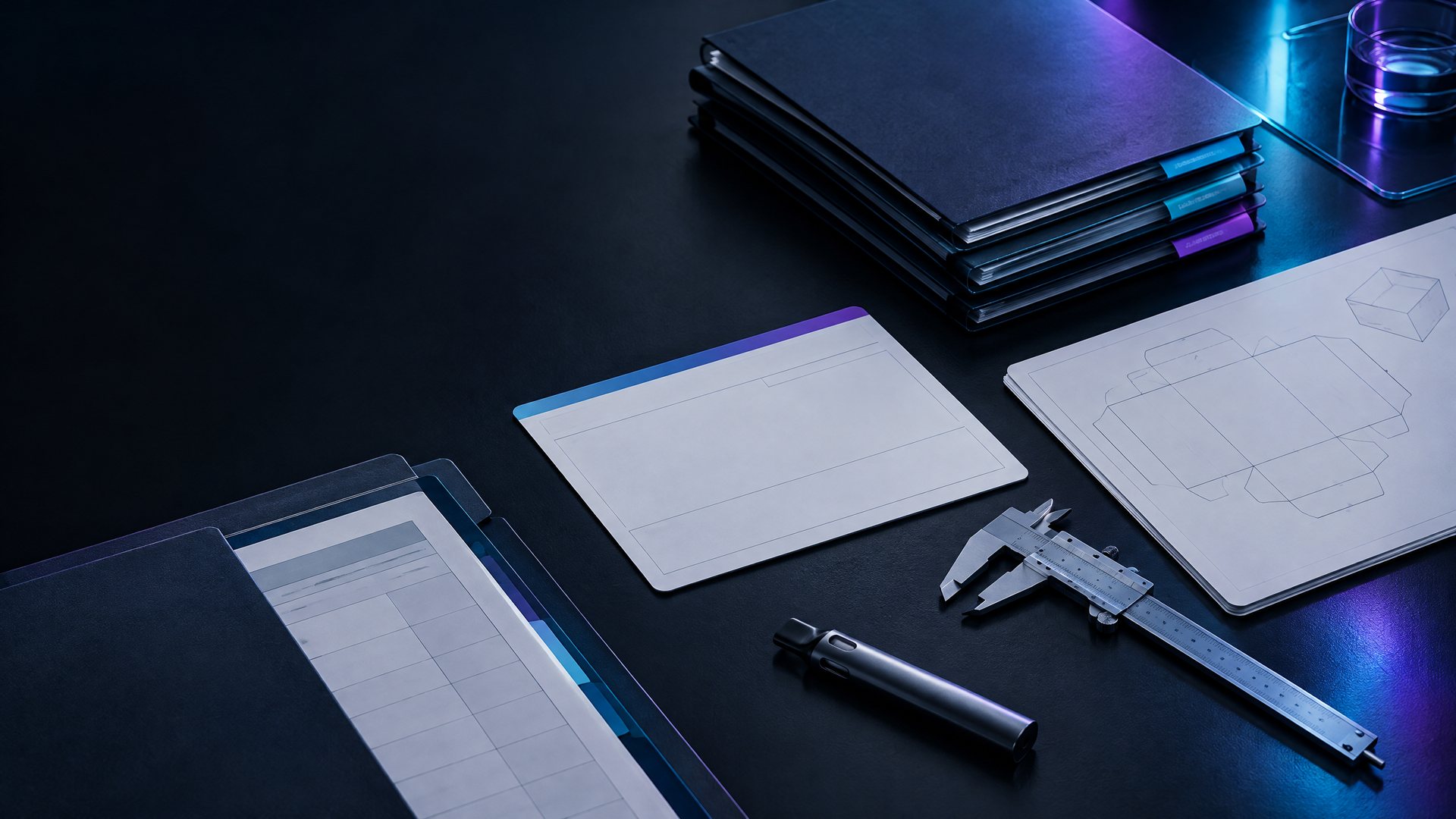 Unbranded supplier-verification folders, a configuration card, metal caliper, package dieline sheets, and revision tabs on a dark technical desk