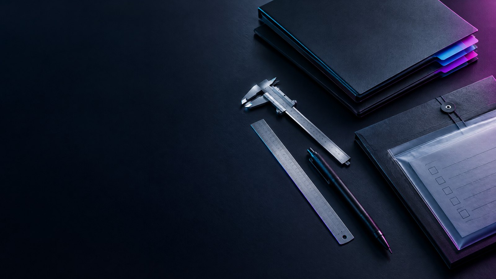 Unbranded B2B procurement folders, configuration checklist, caliper, ruler, and color-coded tabs on a dark technical desk