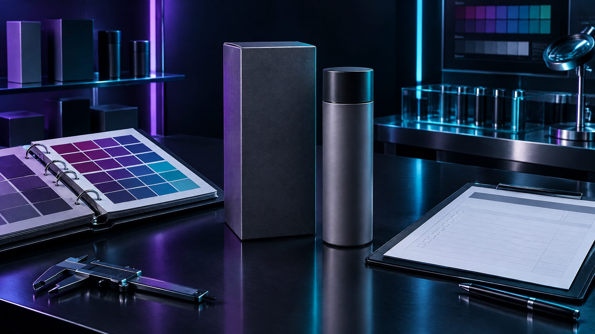 Unbranded product packaging mockup, color-swatch binder, and compliance-review sheet on a dark B2B quality-control bench