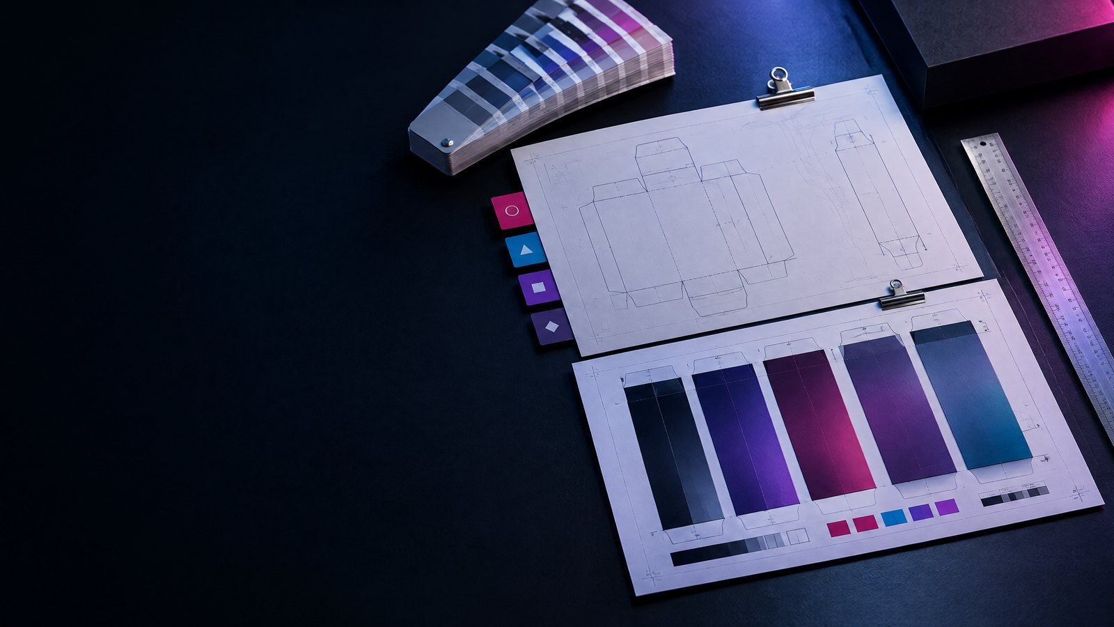 Unbranded packaging dielines, revision tabs, color swatches, and a metal ruler on a dark B2B prepress desk