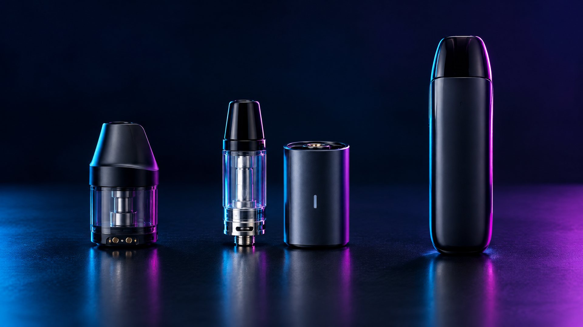 Three unbranded vapor hardware form factors on a dark product-review bench: a pod module, a cartridge with battery interface, and an all-in-one device