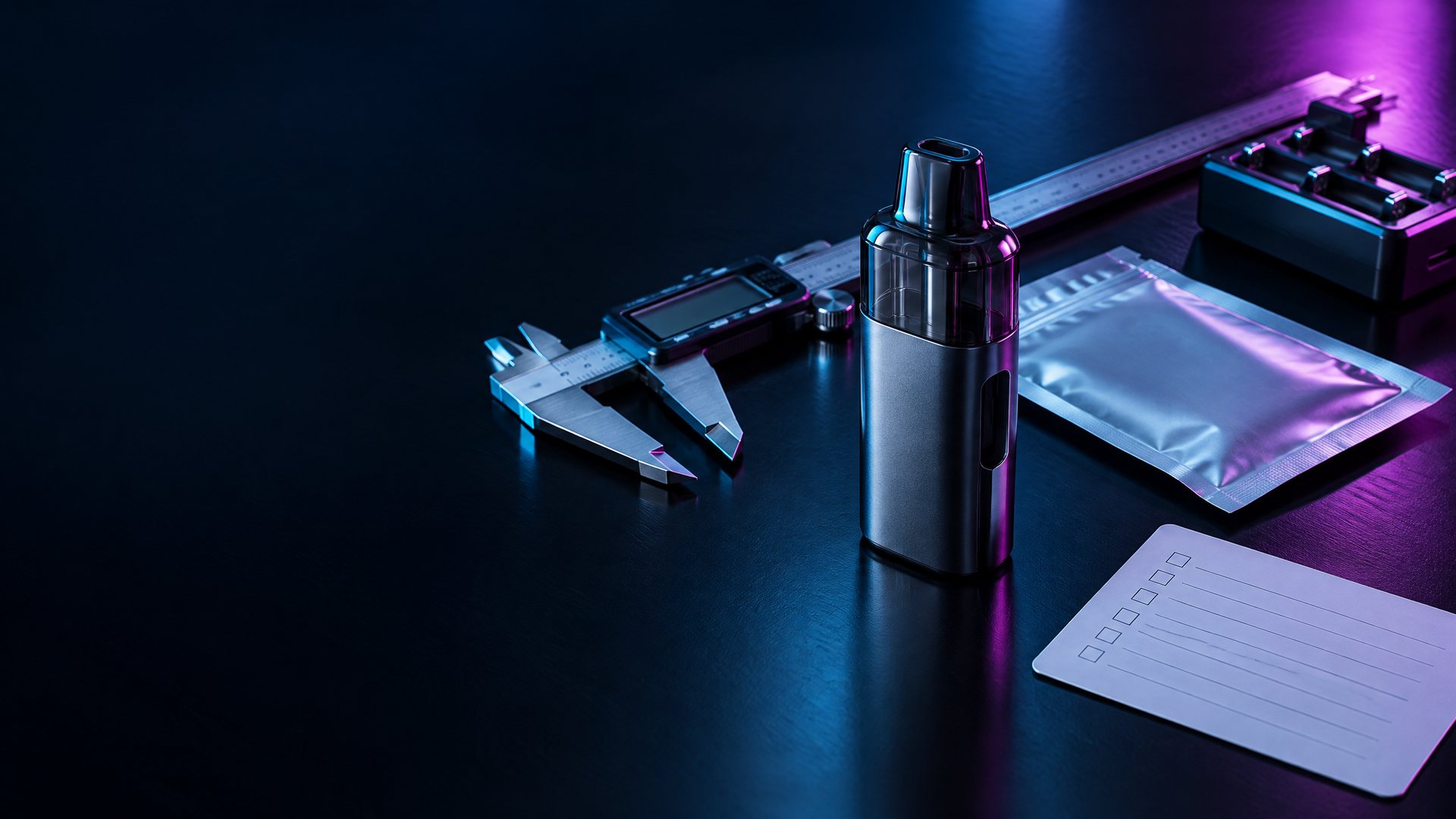 Unbranded vapor hardware module, precision caliper, sample pouch, and specification card on a dark quality-control bench